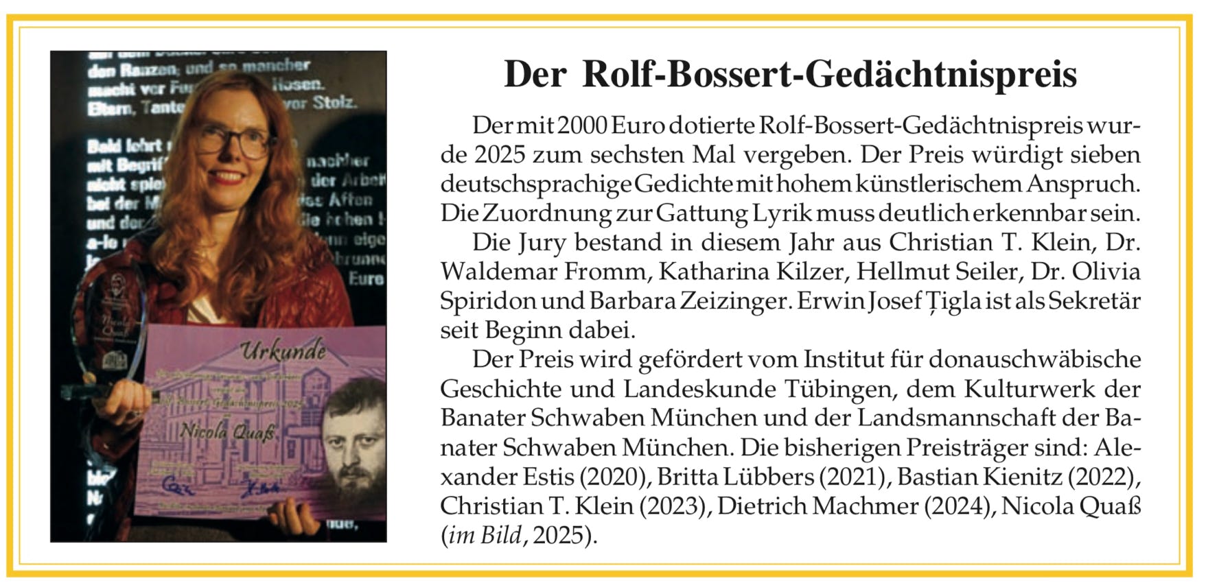 <img source='pic.gif' alt='Nicola Quaß mit Urkunde des Rolf-Bossert-Gedächtnispreis'