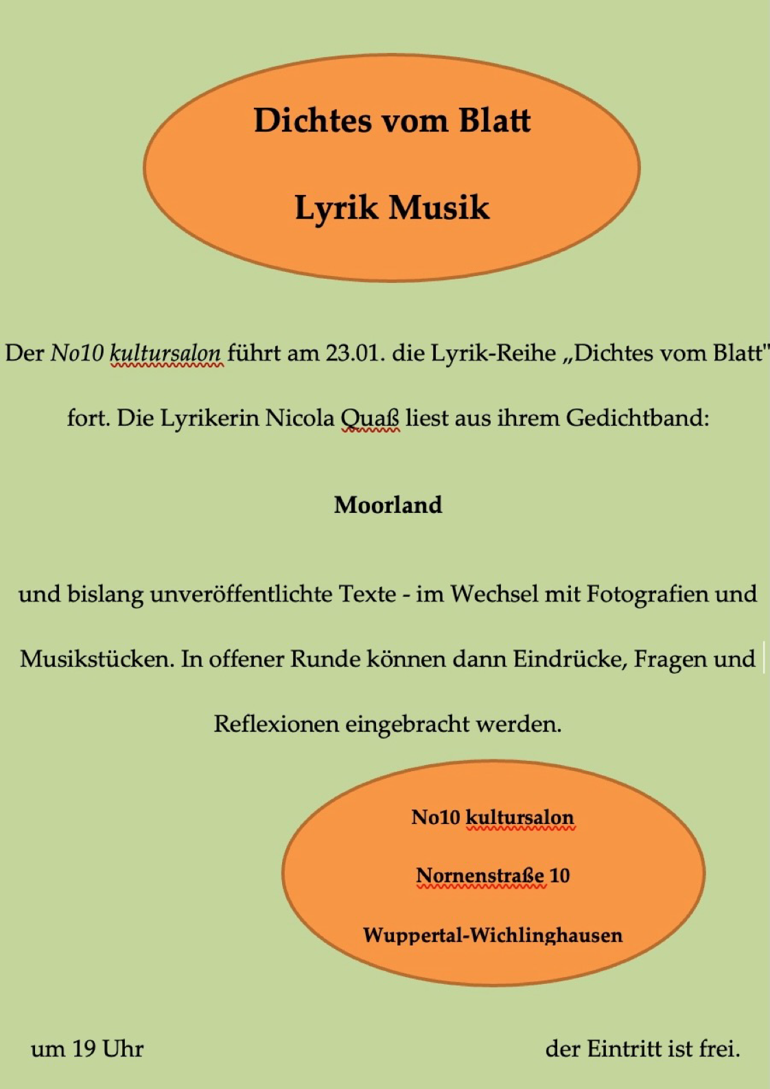 Dichtes vom Blatt <img source='pic.gif' alt='Flyer zur Lesung Dichtes vom Blatt von der Düsseldorfer Dichterin Nicola Quaß'