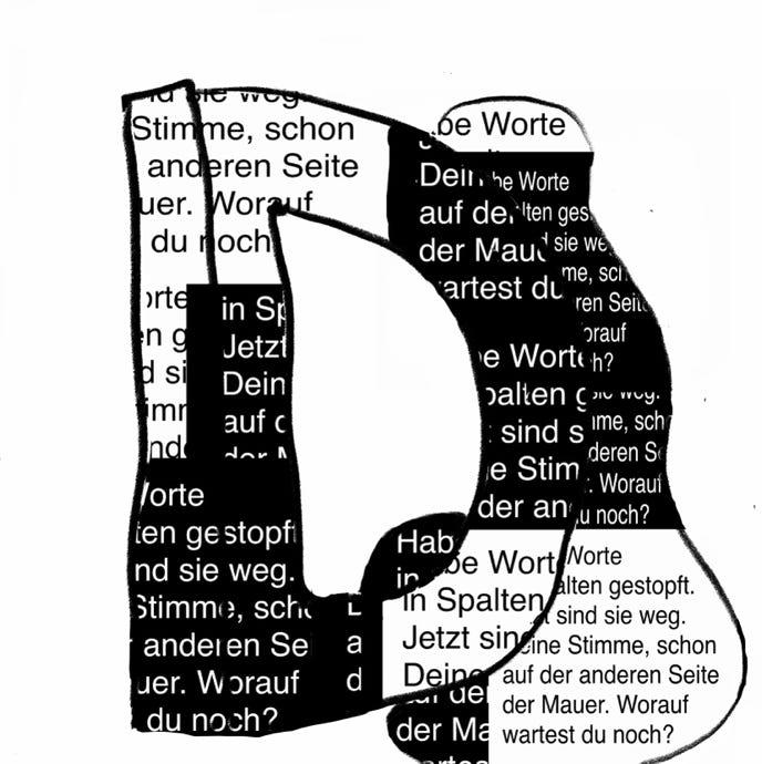 <img source='pic.gif' alt='digitale Zeichnung ein Körper verschmilzt mit einem D beide Formen sind mit einer Schrift gefüllt und sind schwarz und weiß'/>
