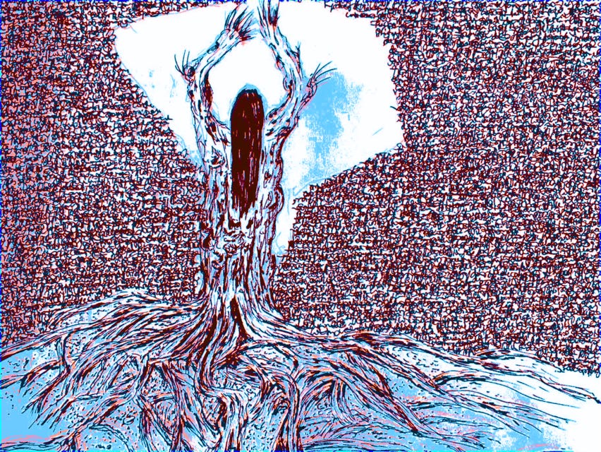 <img source='pic.gif' alt='Digitale Zeichnung Frau, die mit einem Baum verschmilzt und Wurzeln schlägt, umgeben von Schrift'/>
