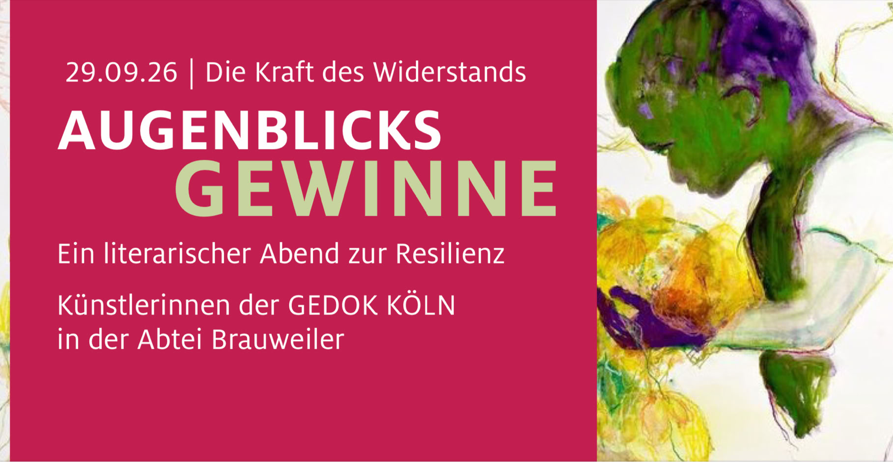 Augenblicksgewinne Plakat zur GEDOK-Lesung „Augenblicksgewinne – Ein literarischer Abend zur Resilienz“ am 29. September 2026 in der Abtei Brauweiler