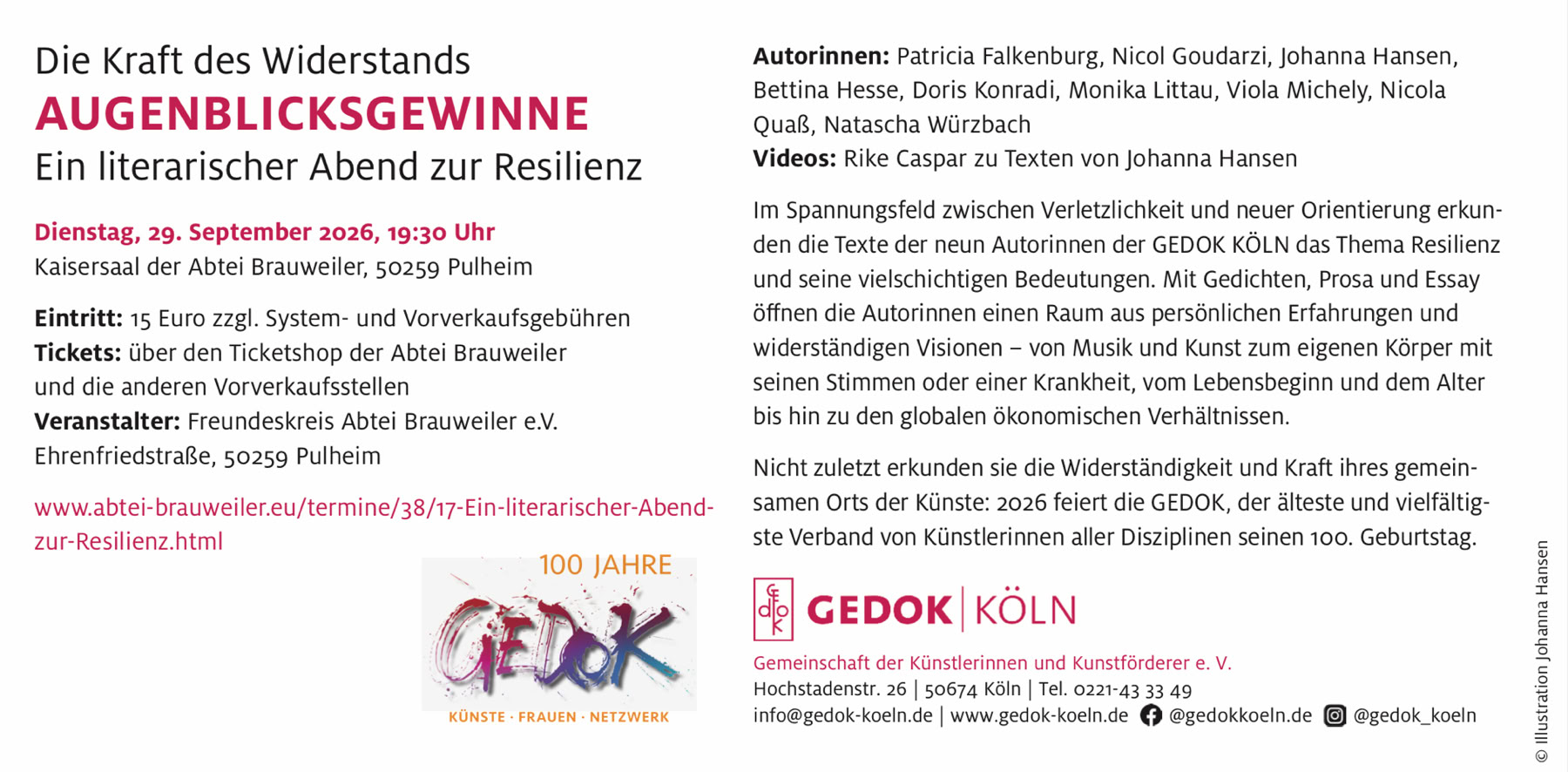 Informationsflyer Augenblicksgewinne Informationsflyer zur GEDOK-Lesung „Augenblicksgewinne“ mit Nicola Quaß und acht weiteren Autorinnen am 29. September 2026 um 19.30 Uhr im Kaisersaal der Abtei Brauweiler