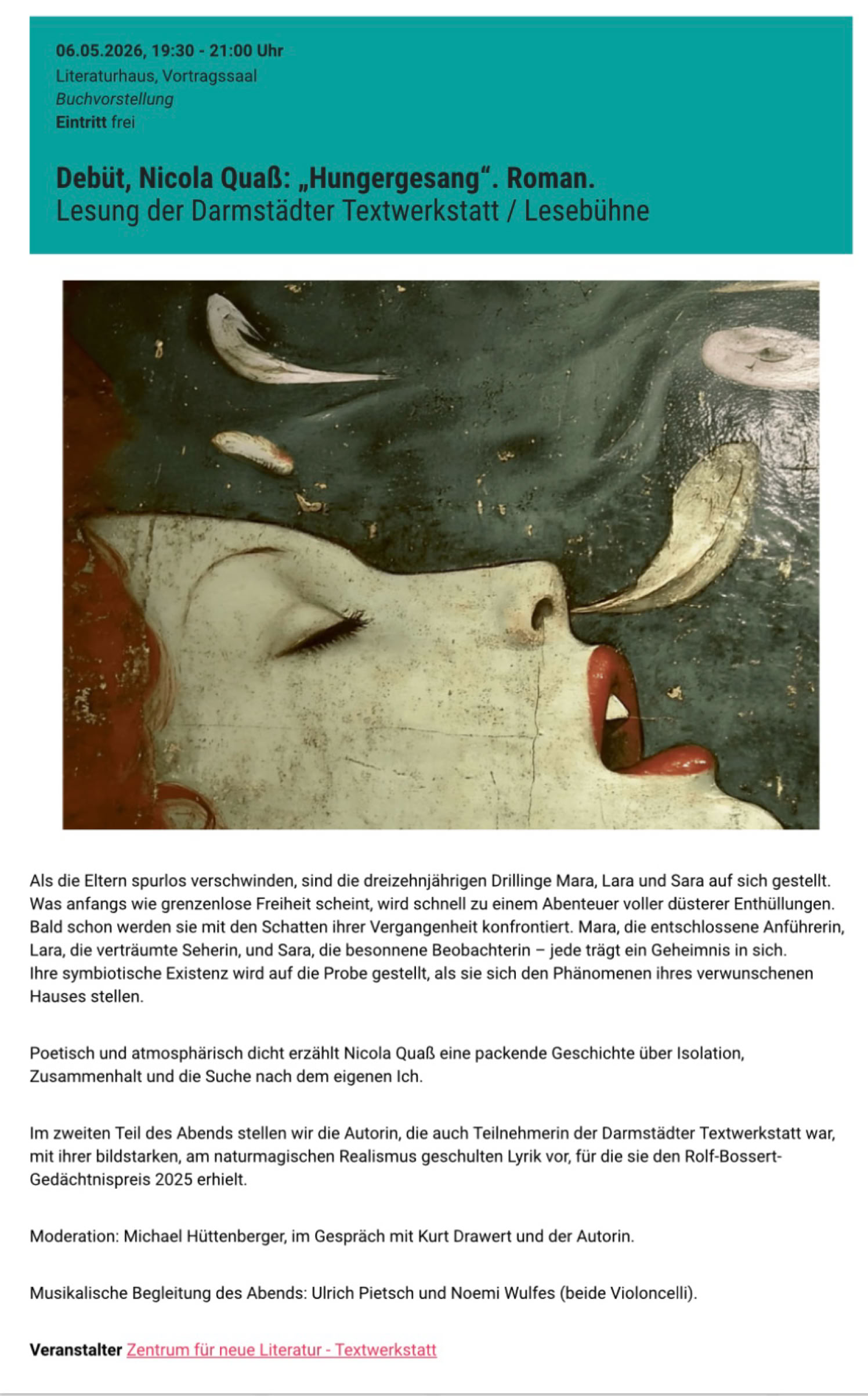 Ankündigung der Lesung von Nicola Quaß aus ihrem Roman Hungergesang im Literaturhaus Darmstadt am 06.05.2026