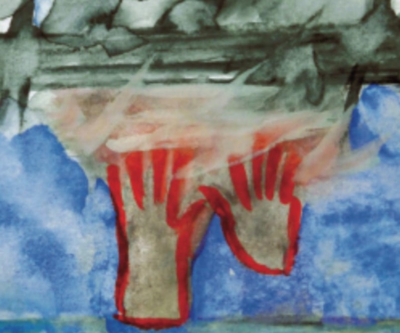 <img source='pic.gif'='Aquarellzeichnung rote Hände, die in einen bewölkten Himmel greifen'/>