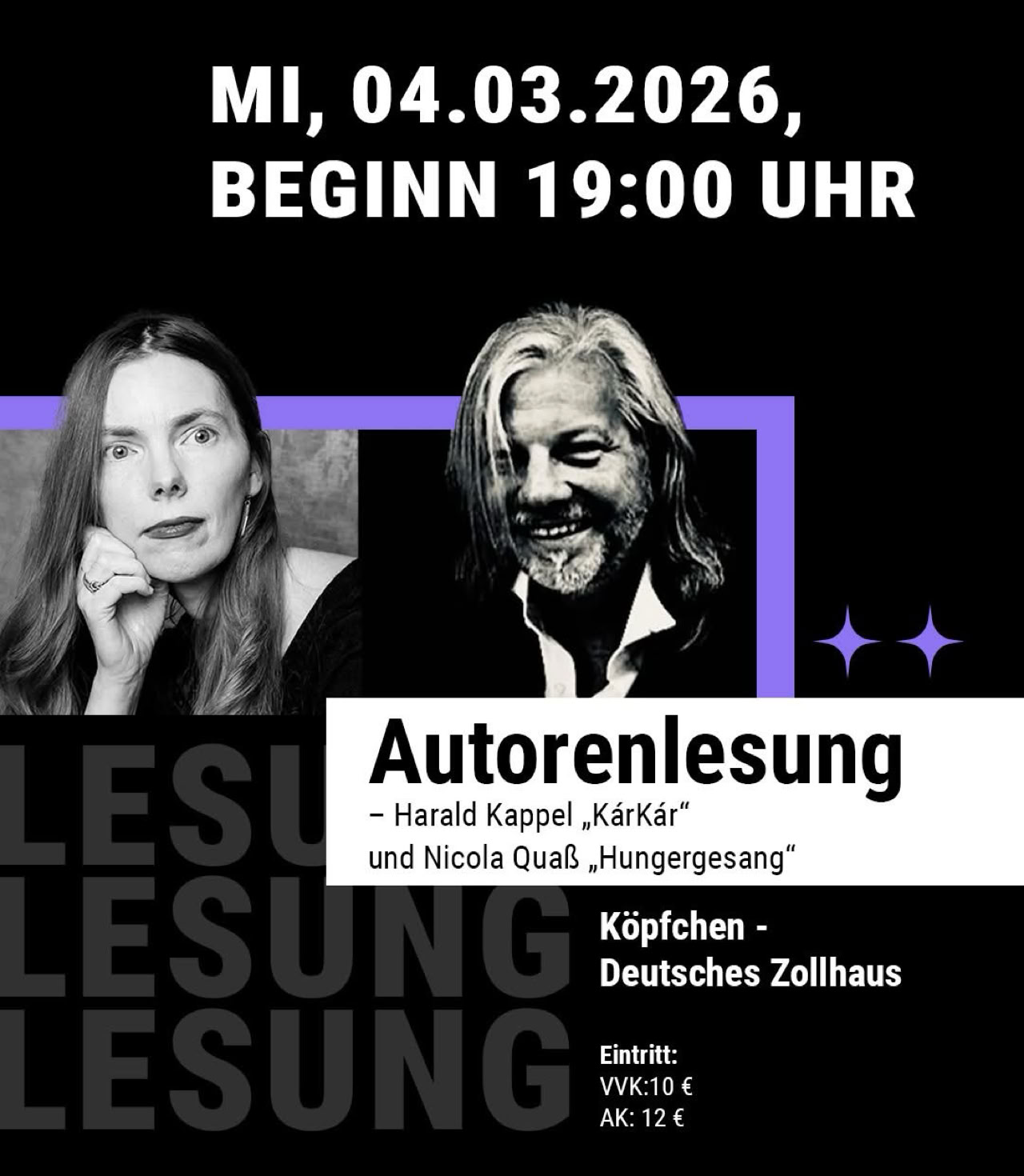 Plakat Autorenlesung Harald Kappel "KárKár" und Nicola Quaß "Hungergesang"